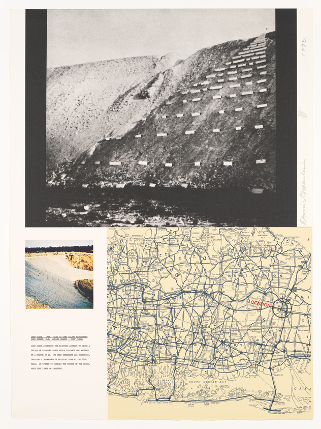 This image is a collage of three different elements. The top portion shows a grainy black and white photograph of a hillside with numerous rectangular shapes scattered across it, resembling graves or markers. On the bottom left, there is a smaller color photograph of a desert-like landscape with a road cutting through it. The bottom right features a vintage map with roads and locations marked, with a red circle around the word "LOCATION" indicating a specific area on the map. Handwritten text and numbers are present on the image, suggesting annotations related to the content or the creation of the collage.