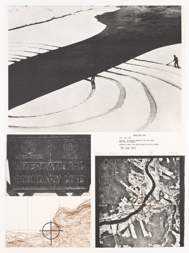 A composite image featuring a top section with a high-contrast photograph of a snowy landscape with a person walking along a curved path, a middle section showing a plaque with "United States Canada International Boundary Line," and a bottom section with a map and aerial photograph highlighting a geographical boundary. The image includes annotations indicating the size, location, subject, and date, as well as a signature and date in the lower right corner.