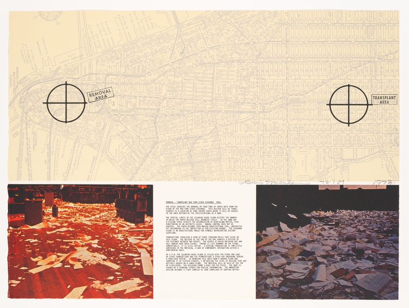 A collage featuring a map with two circular overlays marked "REMOVAL AREA" and "TRANSPLANT AREA" on the top half, and images of a cluttered room filled with scattered papers on the bottom half. The bottom images are accompanied by text describing an event from 1964. The overall tone is reminiscent of a historical or conceptual art piece.