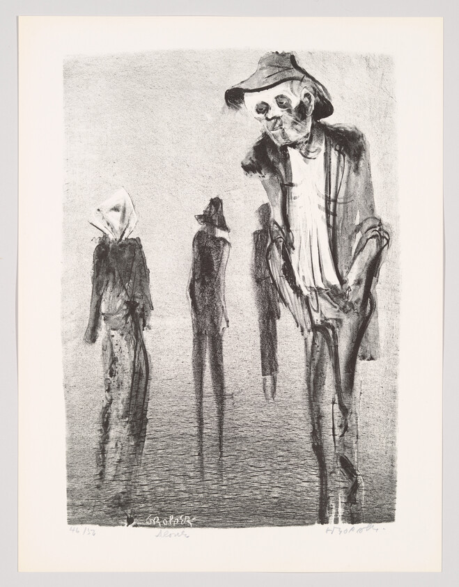 A black and white sketch depicting three figures, with the one on the right being the most detailed, showing an elderly man with a hat and a cane. The other two figures are more abstract, with one appearing to wear a hood and the other a hat. The background is textured but nondescript, and there are signatures and numbering at the bottom of the artwork.