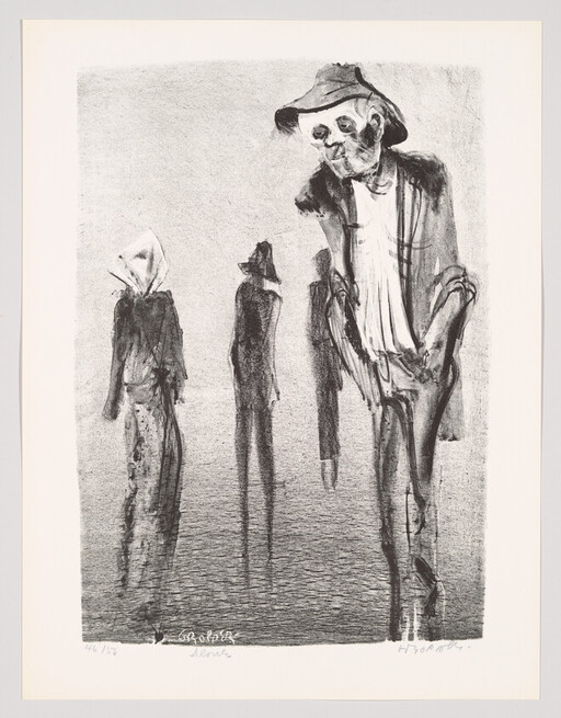 A tall, hunched man in a hat leans forward while three thin figures stand behind him.