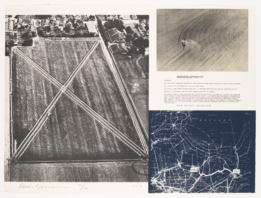 This is a composite image featuring three separate photographs. The main image shows an aerial view of agricultural fields with distinct geometric patterns created by the intersecting paths of farm machinery. To the right, there's a smaller photo of a tractor creating curved lines on a field. Below, a third image displays a network of lines representing a map with labeled locations such as "FIELD" and "SITE." The artwork includes text annotations and is signed and numbered by the artist in the lower left corner.