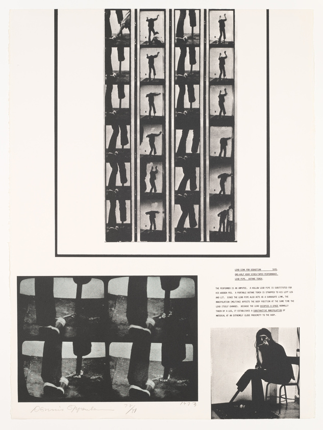 This is a black and white conceptual art piece featuring a series of photographic sequences. On the left, there are three vertical panels showing a figure performing a jump from a standing position to a handstand and back to standing. Below these panels, there is a signature and a date marked as "1973." On the right, there is a block of text describing the work, and below the text, there is a single image of a person seated in a chair, holding their head, appearing contemplative or distressed. The overall layout suggests a study of motion and human form, as well as an exploration of the physical and psychological states.