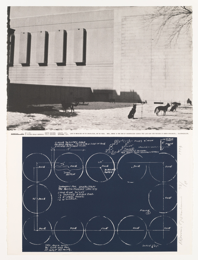 This is a composite image with two distinct parts. The top half shows a black and white photograph of a large, imposing building with vertical windows and a shadow of a bare tree on its facade. In the foreground, there's a snowy landscape with several small figures and horses, suggesting an older time period or rural setting. The bottom half of the image is a blueprint-style drawing with handwritten notes and diagrams of circles connected by lines, labeled with technical terms and measurements, indicating some sort of planning or design process.