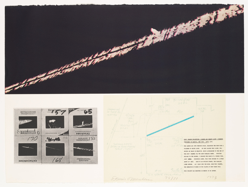 A composite artwork with a top section showing a streak of light against a dark background, and a bottom section displaying a grid of six black and white film frames with various light patterns, alongside handwritten notes and diagrams with a prominent blue line drawn across. The piece is dated 1973 and signed by the artist.