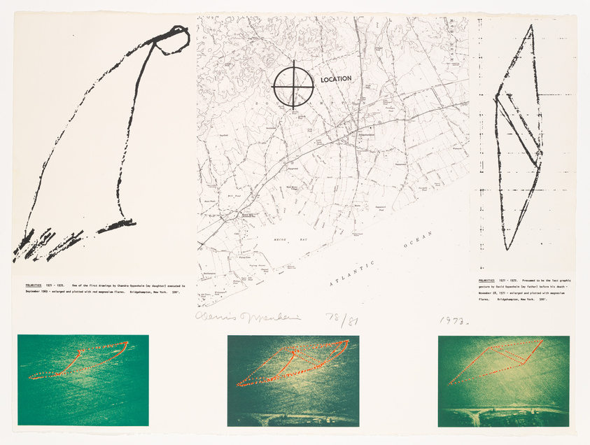 This image displays a collage of various elements including a map, sketches, and photographs. On the left, there is a black ink sketch of a simplistic, abstract figure. In the center, a detailed map shows a coastal region with the word "LOCATION" and a circle marking a specific area. To the right, there is another abstract sketch consisting of dashed lines forming a geometric shape. Below these elements, there are two green-tinted photographs of a coastal landscape with overlaid red dashed lines highlighting certain features. Text annotations provide context, indicating the works relate to "FLAMINGOS" from 1971-1972 and "BEAMING" from 1971-1972, with additional details about the creation and exhibition of these pieces. The artist's signature and the year 1973 are noted at the bottom right.