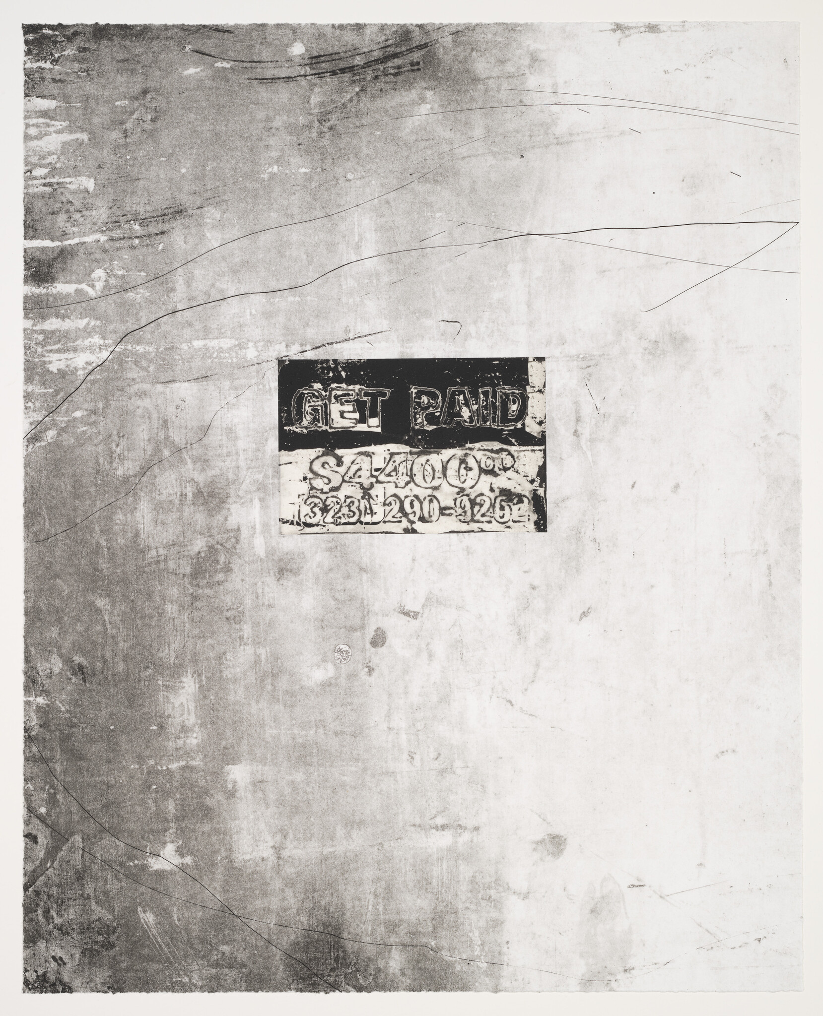 A weathered and textured surface with a worn sticker in the lower left quadrant that reads "GET PAID $2400" followed by a phone number. The overall image has a monochromatic, grungy appearance with scratches and markings.