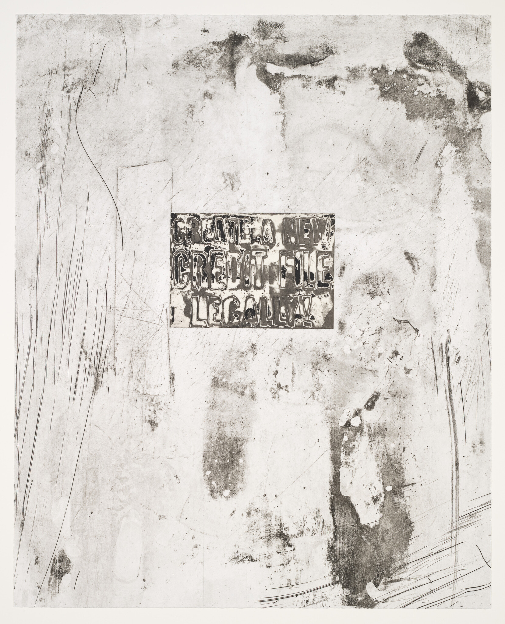 A monochromatic abstract artwork with a variety of marks and textures. In the center, there is a stenciled text that reads "CREATE A NEW CREDIT FILE LEGALLY!" in bold, distressed lettering. The surrounding area features smudges, drips, and linear scratches, contributing to a grungy and worn appearance.