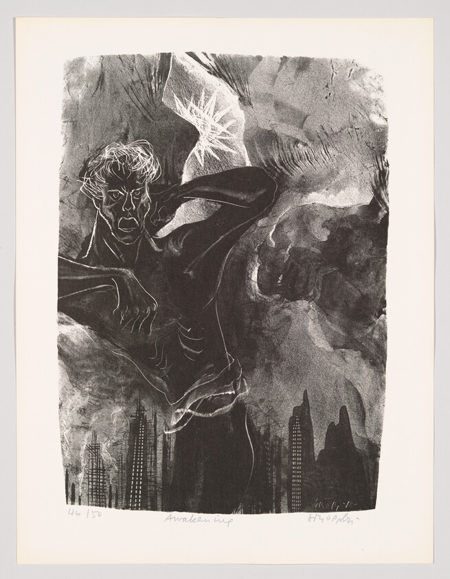 A monochromatic print featuring an abstract figure with prominent, expressive lines suggesting a face and body, set against a dark, textured background with silhouettes of buildings at the bottom. The artwork conveys a sense of movement and emotion, with a dynamic interplay of light and shadow. Handwritten text and numbers are visible at the bottom, indicating the print's edition and possibly the title or artist's signature.
