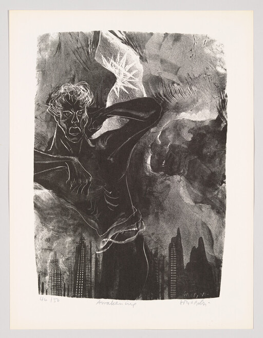 A shadowy anguished figure rises above a city skyline with a bright burst near its head.