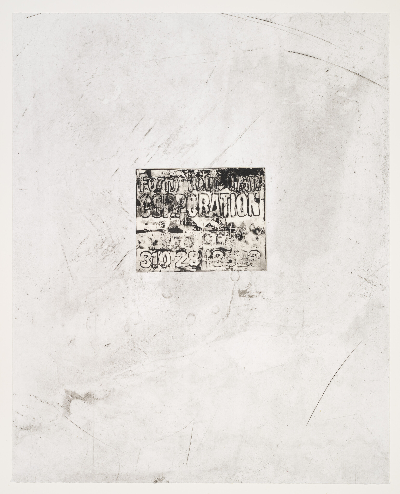 A weathered and distressed piece of paper with a faded, grungy stamp or print in the center featuring text that appears to read "CORPORATION" along with other illegible text and numbers. The background is a textured white surface with various scratches and marks.