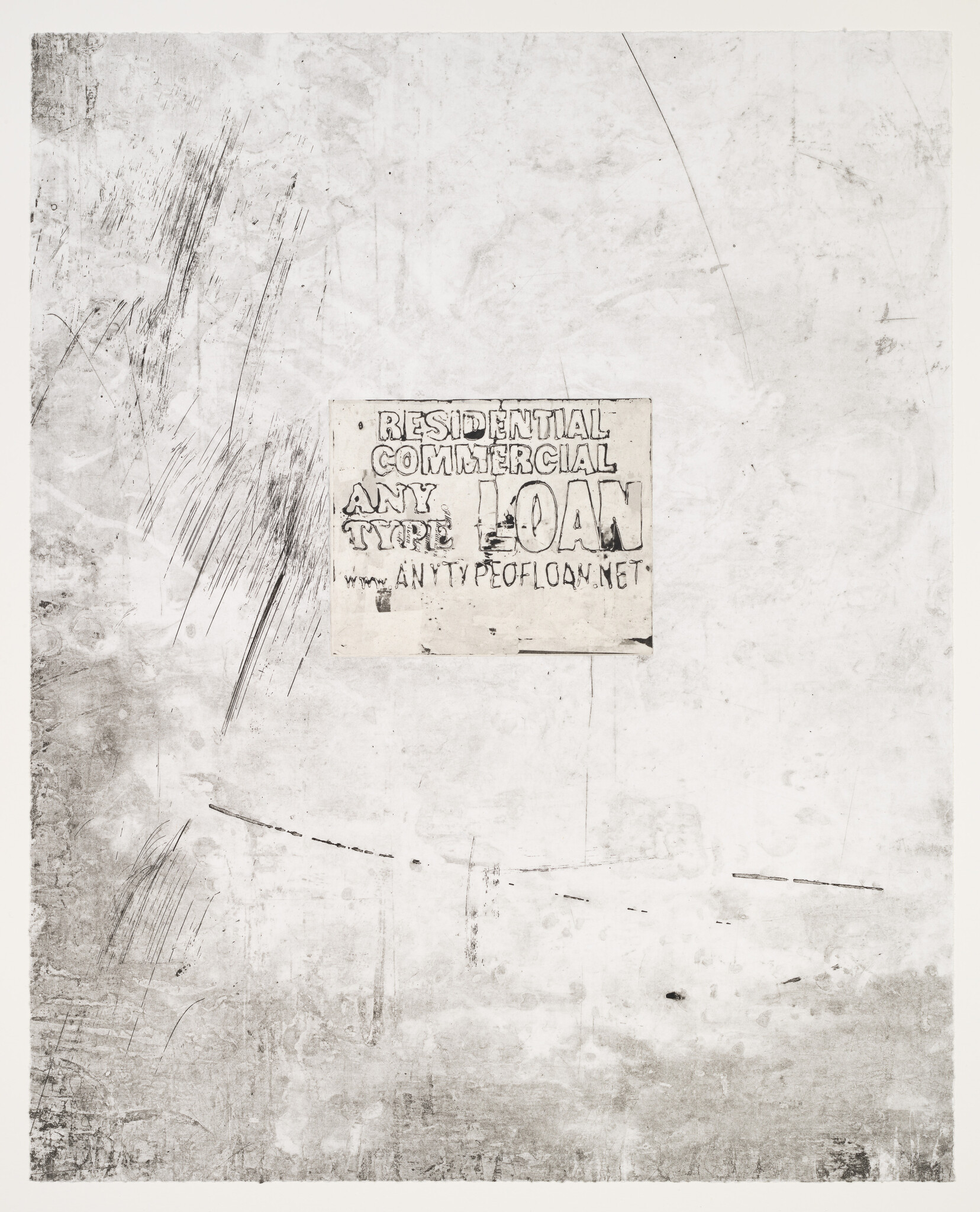 A weathered and scratched metallic surface with a faded and stained advertisement sign for loans, offering residential and commercial options, with the text "ANY TYPE LOAN" and a website address.