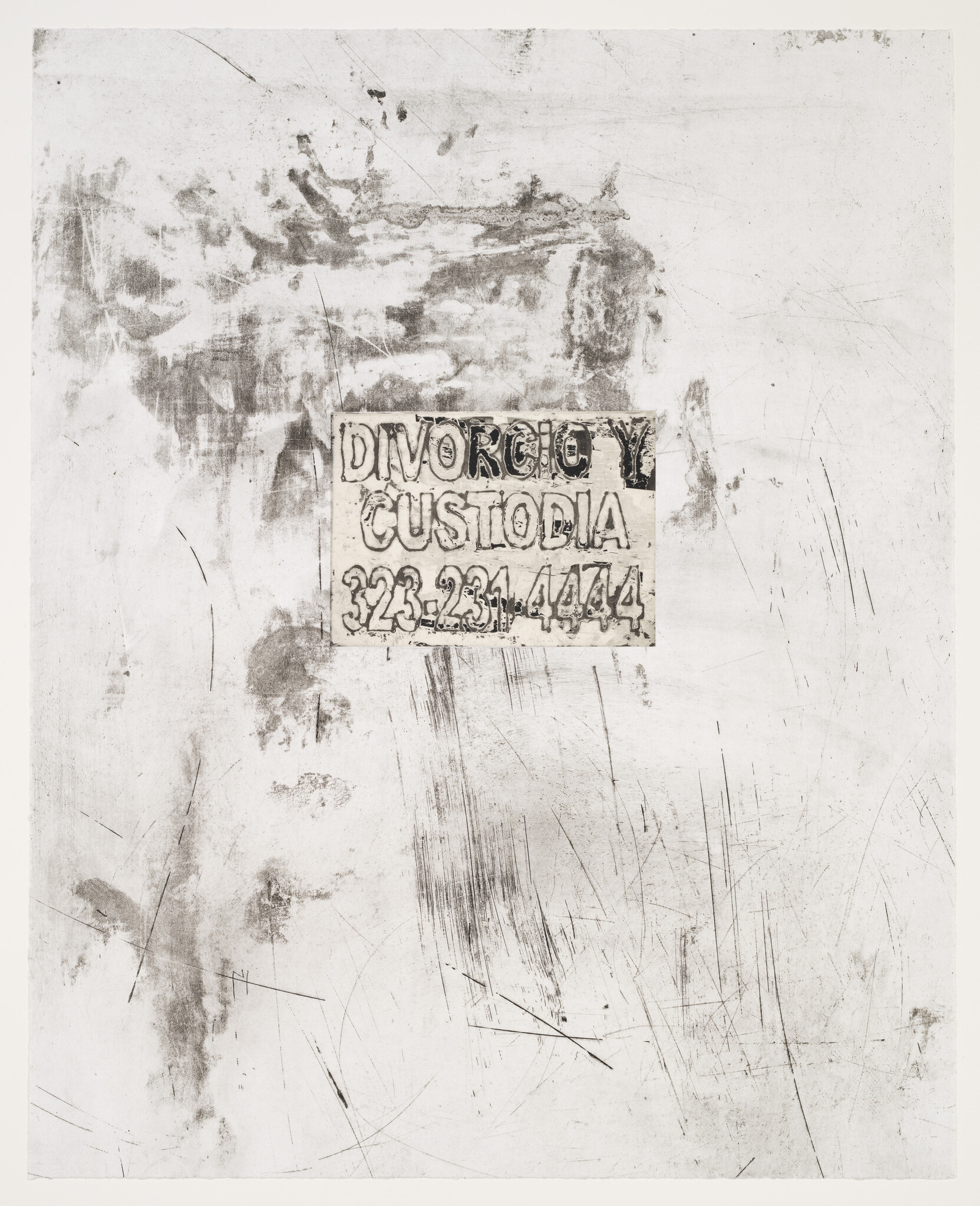 Worn sticker advertising divorce and custody services with a phone number on a scratched white surface.