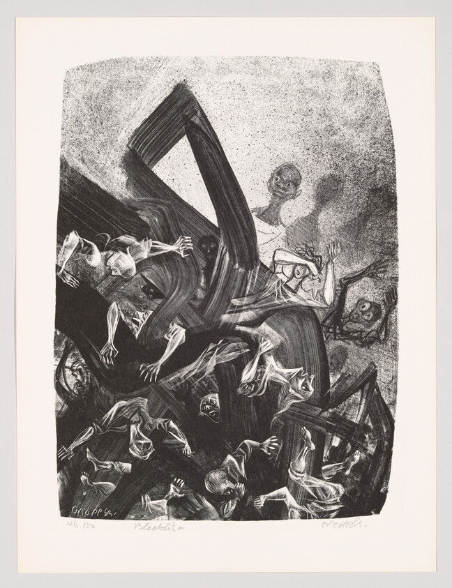 A black and white lithograph depicting a chaotic scene with multiple figures in various states of distress or motion, seemingly tumbling or floating in a dark, undefined space. Some figures appear to be shouting or in pain, and abstract shapes add to the sense of disarray. The artwork is signed and numbered at the bottom, indicating it is part of a limited series.