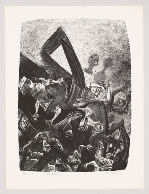 Chaotic black-and-white print showing tangled, falling figures and ghostly faces among thick dark brushstrokes.