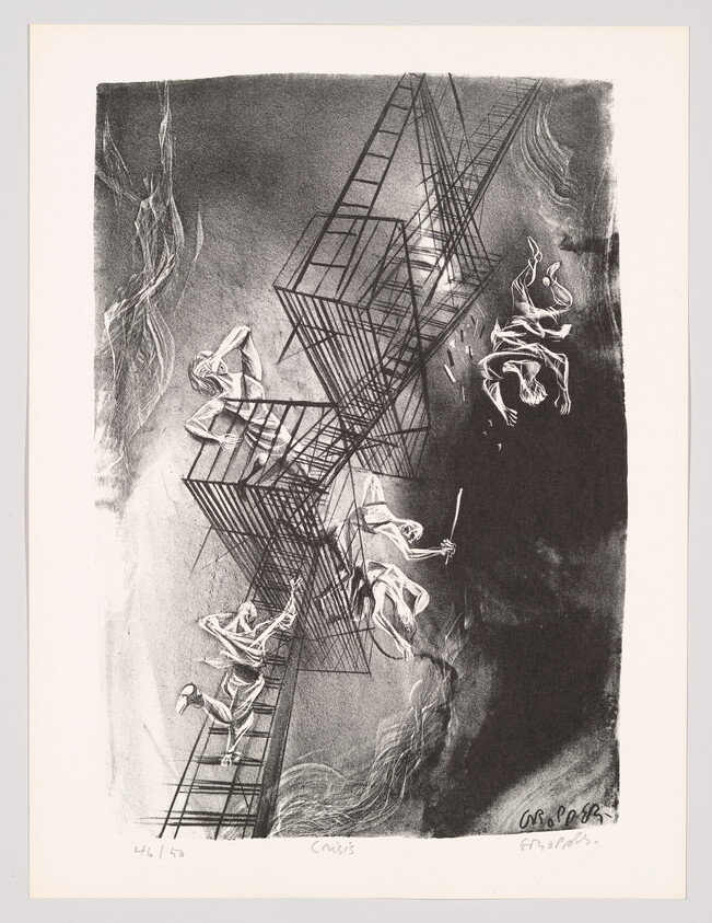 A black and white etching depicting skeletal figures in various states of ascent and descent on a large, industrial-looking staircase. The staircase is attached to a geometric structure, possibly a fire escape, on the side of an undefined building. The scene conveys a sense of chaos and movement, with some figures appearing to be falling or leaping off the stairs. The artwork is numbered and signed by the artist at the bottom.