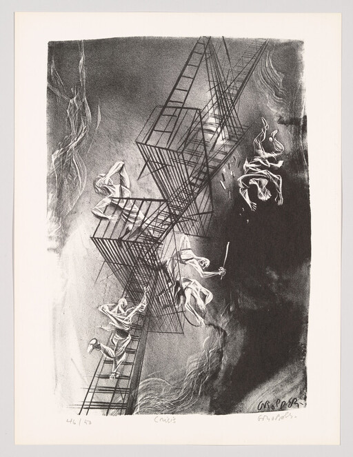 Several figures fall and cling to a tilted metal fire escape against a dark swirling background.