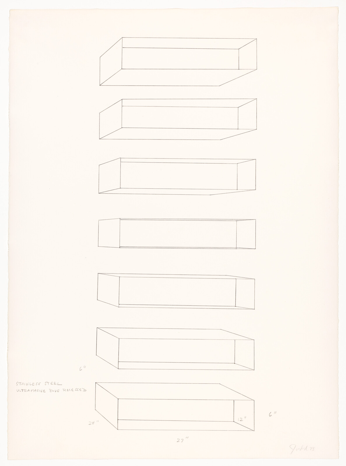 Seven simple outlined rectangular boxes are stacked vertically with faint handwritten size notes near the bottom.