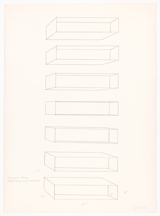 Seven simple outlined rectangular boxes are stacked vertically with faint handwritten size notes near the bottom.