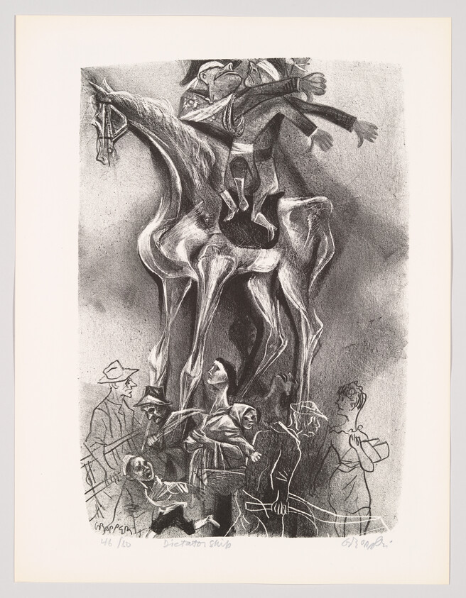 A black and white lithograph depicting a stylized scene with several figures. In the foreground, a group of people, some wearing hats, appear to be in conversation or observing something. In the background, a central figure is dramatically posed atop what seems to be an abstract representation of a horse, with exaggerated features and limbs. The artwork has a dynamic and somewhat surreal quality, with strong contrasts and expressive lines. There are signatures and numbers at the bottom, indicating it's part of a limited series.