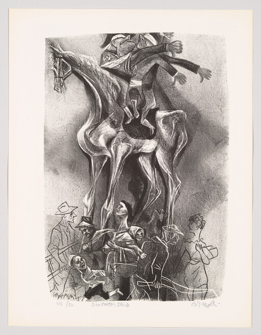 A towering, skeletal horse with a slumped rider looms over a crowd of surprised onlookers.