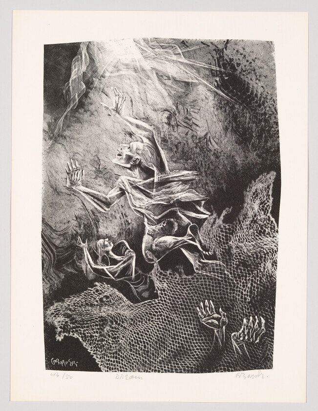 This is a black and white etching depicting a dramatic scene with several skeletal figures in various poses of despair or reaching out, set against a backdrop of what appears to be a web-like structure and abstract forms. The artwork is rich in texture and detail, conveying a sense of movement and intensity. There are signatures and numbers at the bottom, indicating it is a limited edition print.