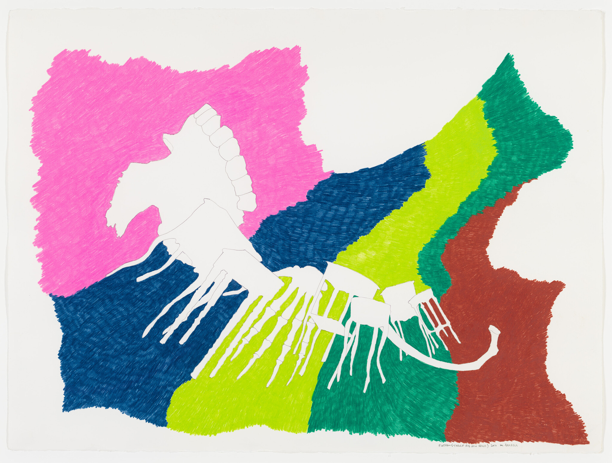 A white animal skeleton silhouette overlays bright pink, blue, green, and brown abstract color fields.