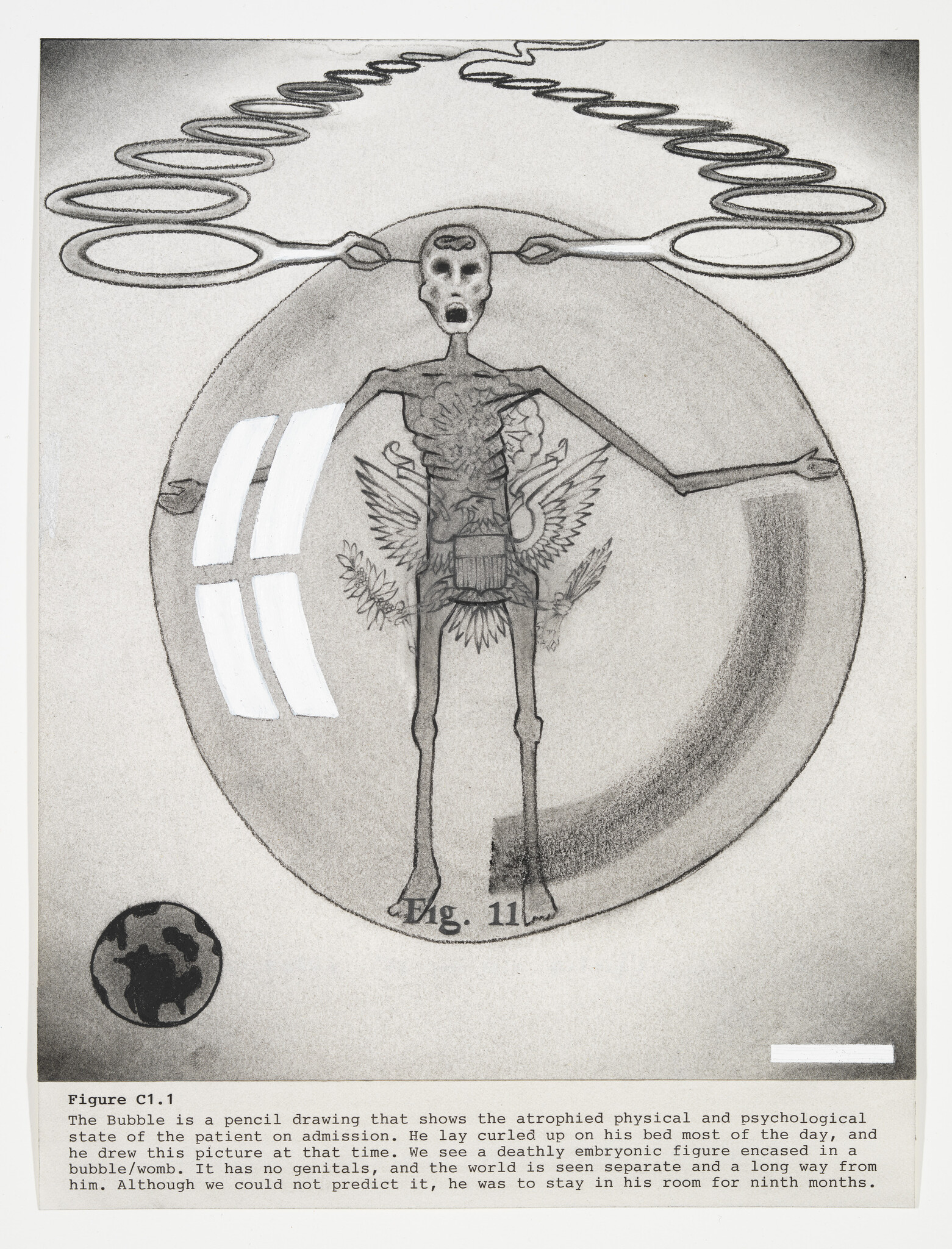 An emaciated skeletal figure stands inside a translucent bubble with a small Earth nearby.