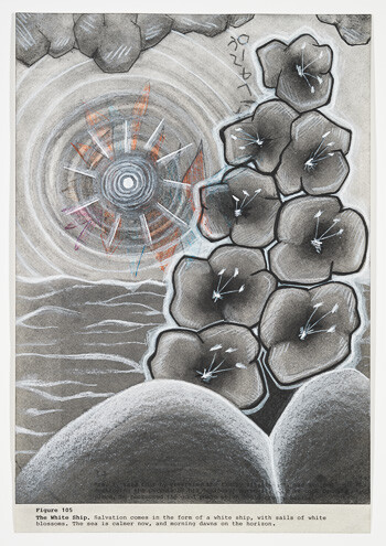 Dark cluster of flowers with white arrows beside a radiating circular object over calm water.