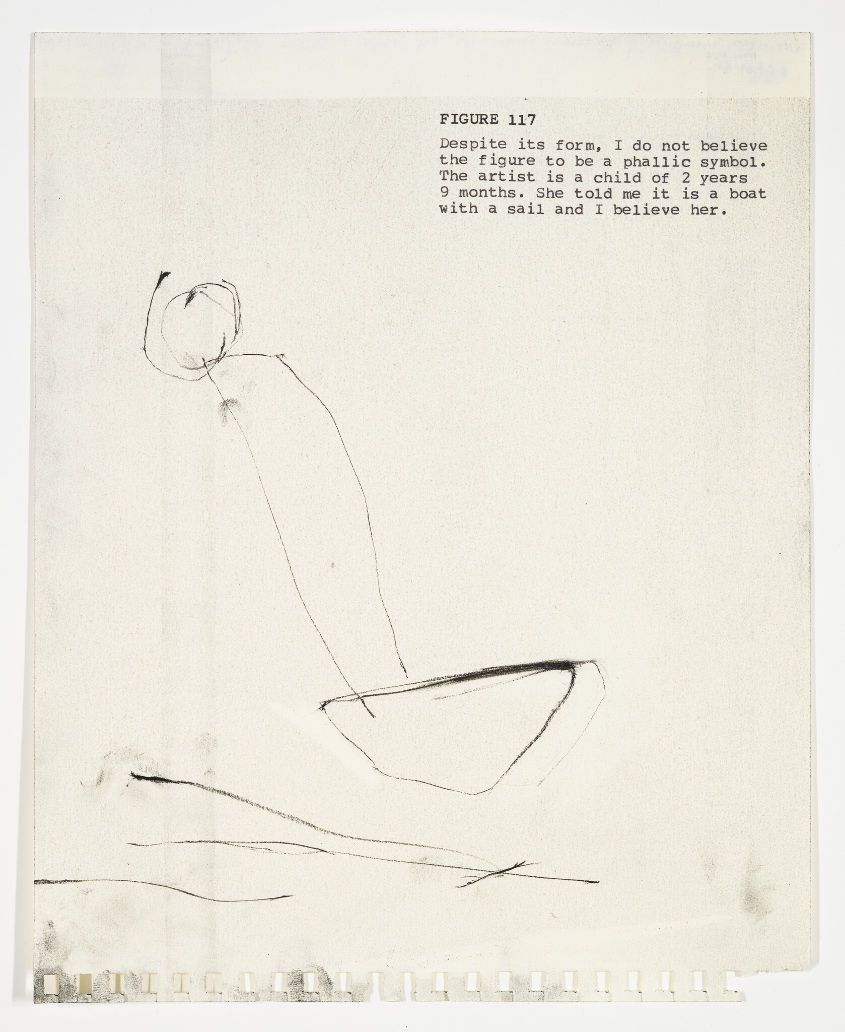 Child's simple pencil drawing of a boat with a sail and handwritten note identifying it.