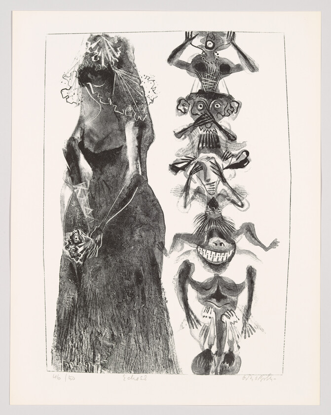 A black and white print featuring a series of four stylized figures, each one positioned above the other in a vertical line. The bottom figure has exaggerated facial features and limbs, with a wide grin and prominent eyes. The figures above it become progressively more abstract and humanoid, with the topmost figure resembling a tribal mask with arms raised. To the left, a separate, more naturalistic figure of a woman in a flowing dress is depicted in profile. The artwork has a raw, expressive quality, and there are signatures and edition numbers at the bottom of the print.