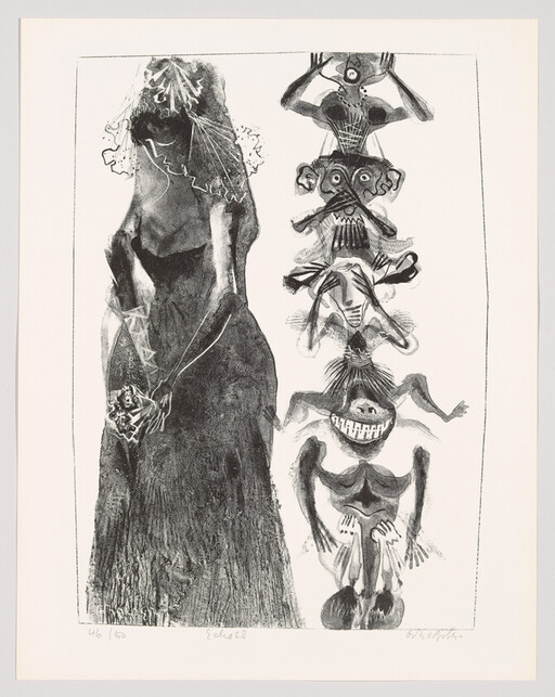 A veiled woman in a long dress holds a small object beside a column of grotesque figures.