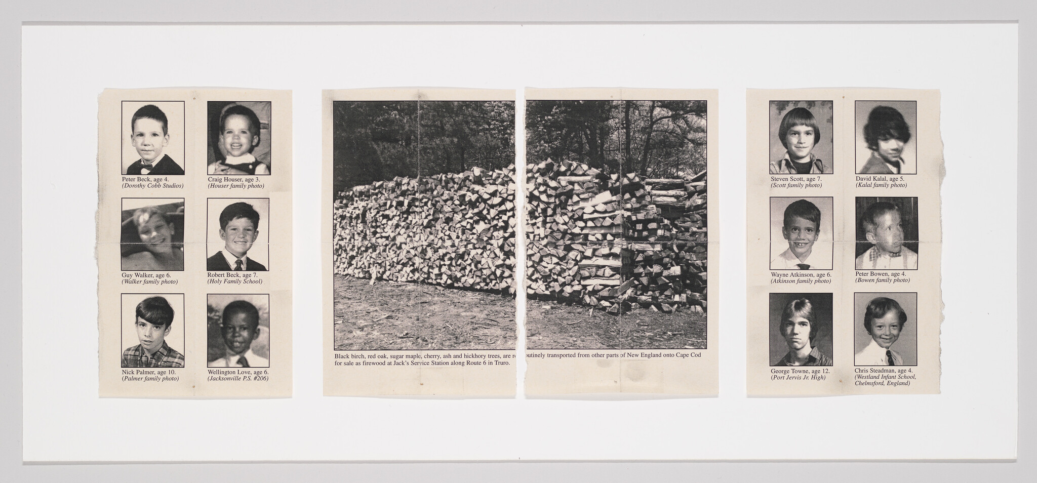 Three-panel display showing a large stacked firewood photograph flanked by columns of children's school portraits.