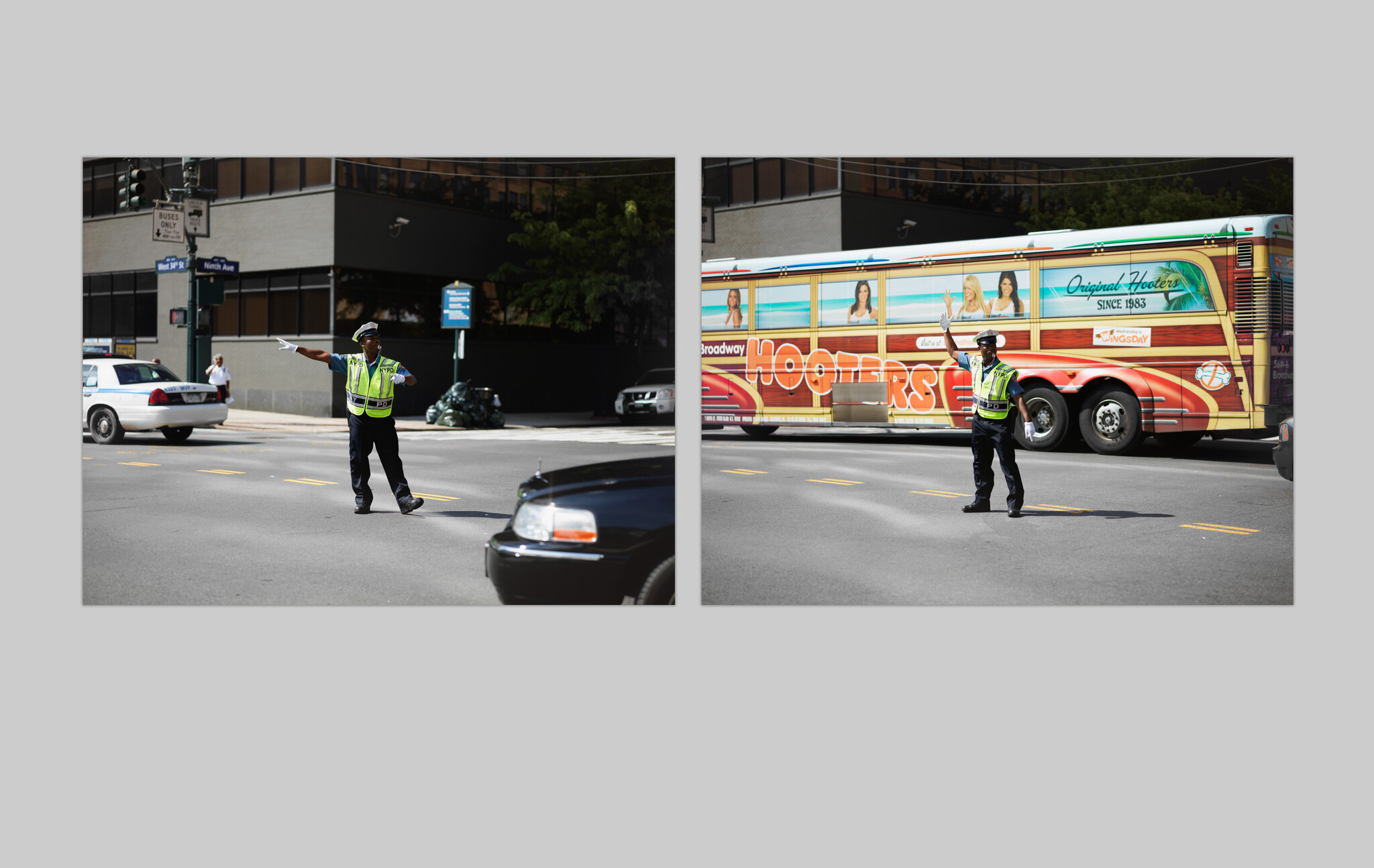 A traffic officer in a reflective vest directs vehicles across a city street beside a Hooters bus.