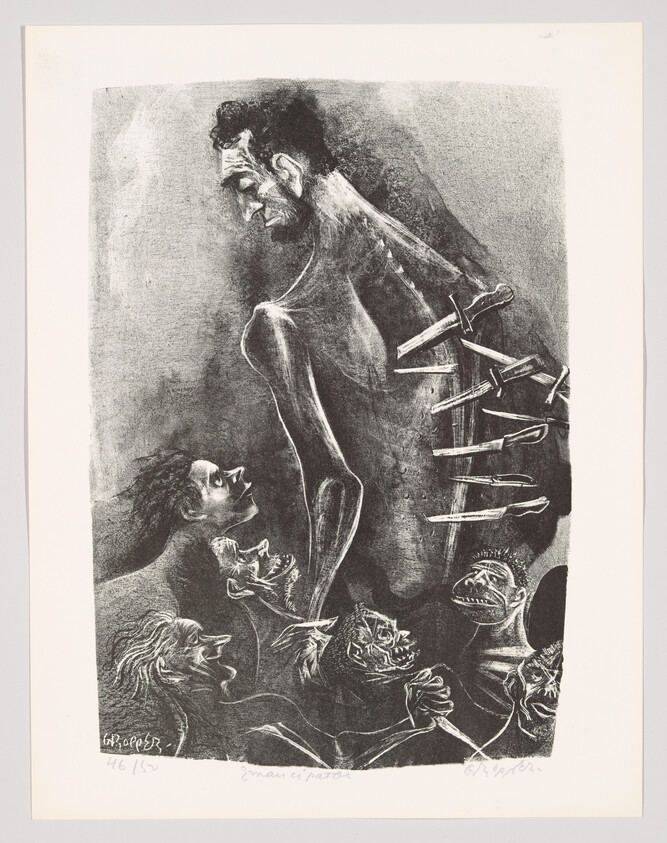 This is a black and white lithograph depicting a dramatic and expressive scene with several figures. The central figure appears anguished, with a distorted face and body, and multiple swords impaled through the torso. Below this figure are several grotesque, caricature-like faces with exaggerated expressions, some appearing to shout or grimace. The artwork has a dark, intense atmosphere and is numbered and signed by the artist in the lower margin.