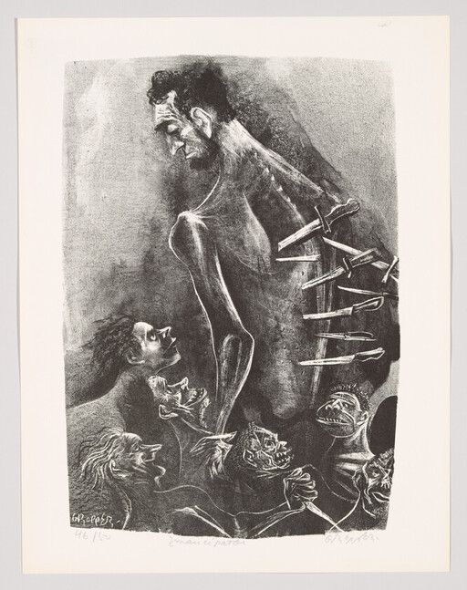 A tall gaunt man with knives stuck in his back looks down as grotesque faces circle him.