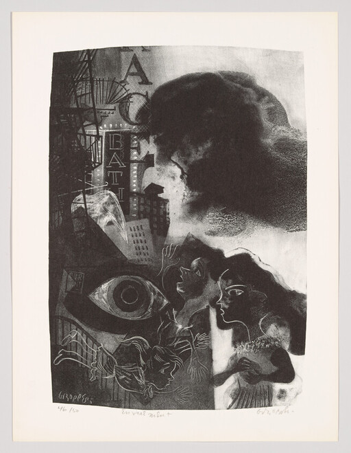 Two figures look toward a looming dark cloud face above a city with a giant eye.