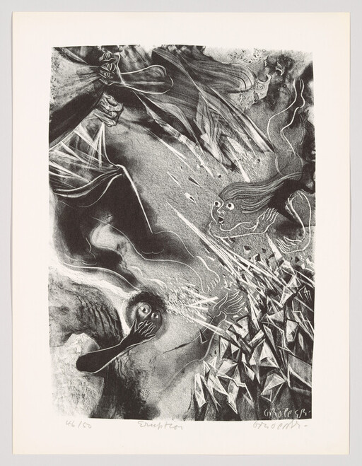 Two frightened figures recoil as sharp shards and streaks fly toward them in a dark surreal scene.
