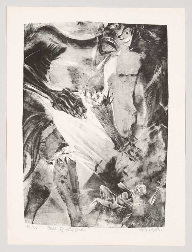 A towering monstrous figure looms over a small, terrified person falling backward.