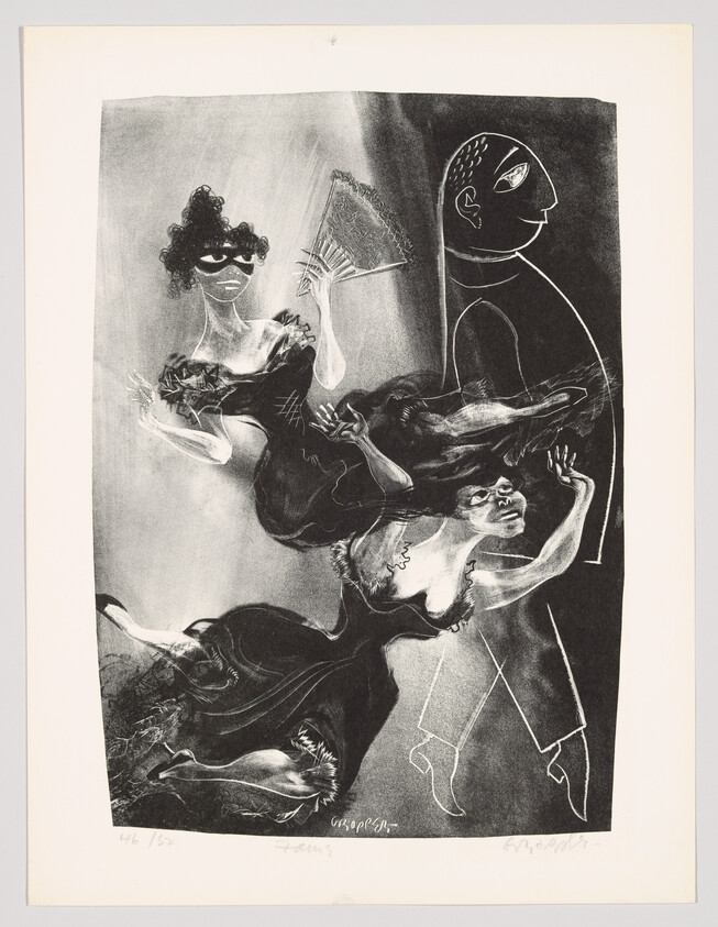 Two women in flowing dresses reach and fan themselves while a tall, abstract man walks beside them.