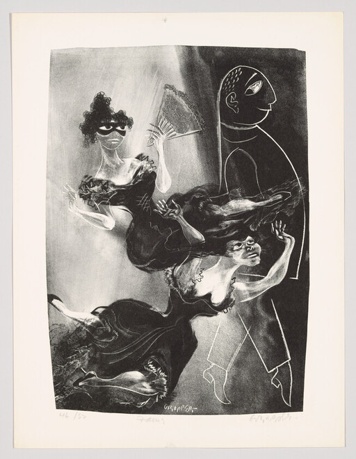 Two women in flowing dresses reach and fan themselves while a tall, abstract man walks beside them.