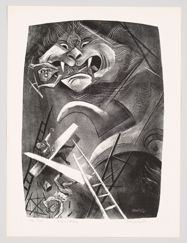 A giant grotesque face looms above as ladders collapse and figures fall in chaotic struggle.