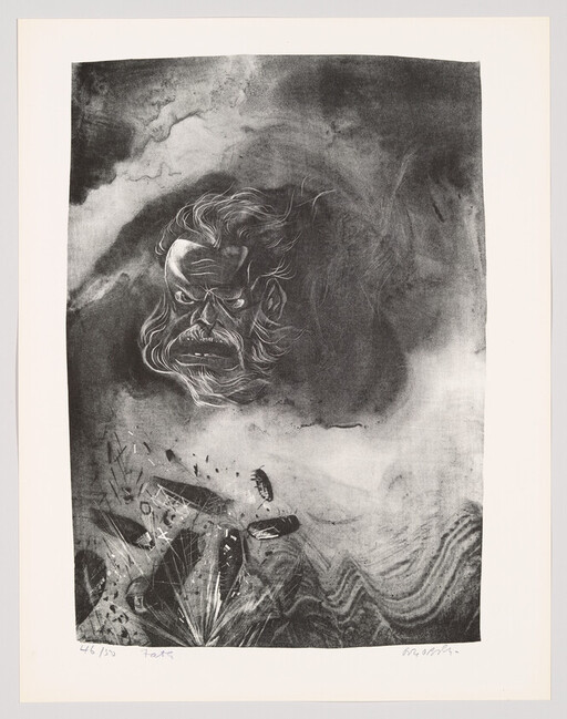 A large angry face emerges in stormy clouds above broken ships and swirling waves.