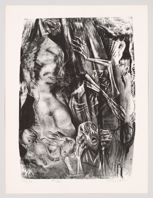 Distorted human figures and elongated hands tangled in a dark, chaotic composition.