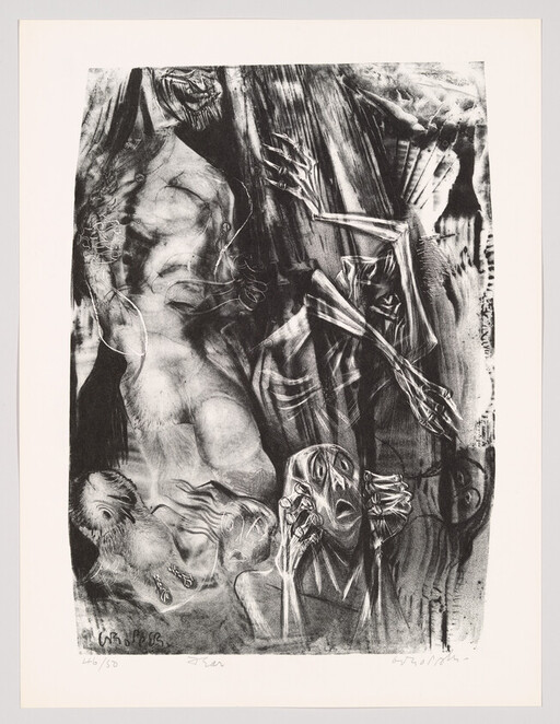 Distorted human figures and elongated hands tangled in a dark, chaotic composition.