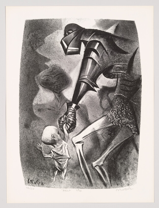 Armored, skeletal knight reaches down to grasp a small, frightened child while a grinning face looms.