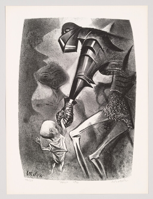 Armored, skeletal knight reaches down to grasp a small, frightened child while a grinning face looms.