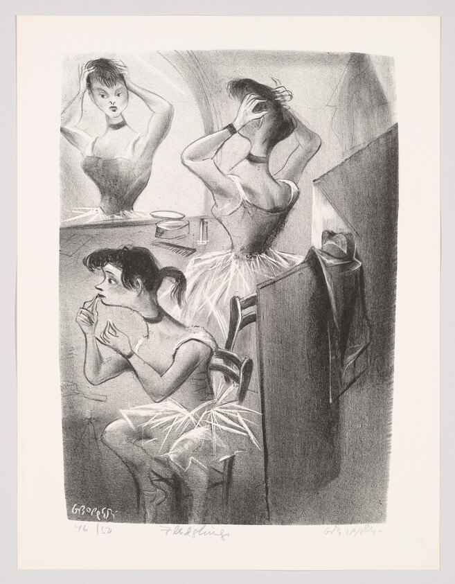 Two ballerinas in a dressing room prepare, one fixes her hair at the mirror while another applies lipstick.