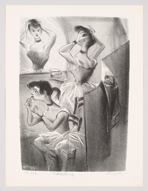 Two ballerinas in a dressing room prepare, one fixes her hair at the mirror while another applies lipstick.