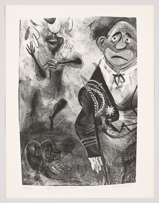 A worried, decorated man stands beside surreal, ghostly figures and a small crawling creature.